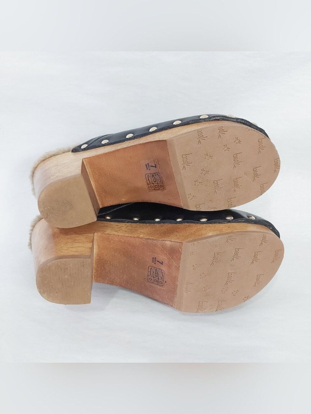 Beek Studs Chunky Cozy High Heel Woodpecker Shearling Clogs Size 7 Black Leather - Picture 11 of 11